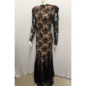 Vintage Travilla Long Dress Gown Black Lace & Nude Pleated Scarf Like Inserts 10